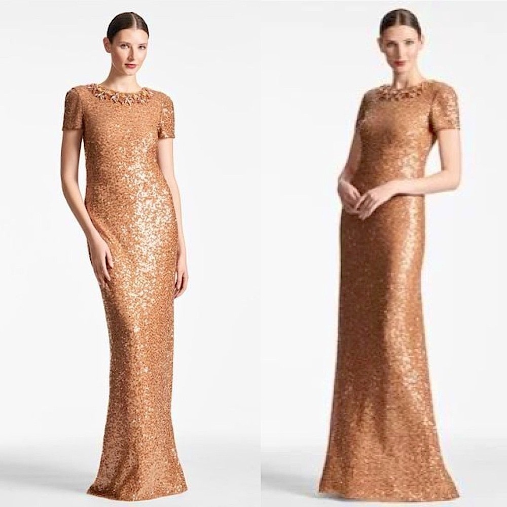 Sachin + Babi Sequined Formal Gown Size 2 Elegant Gold Column Gown Rhinestones - Picture 11 of 13